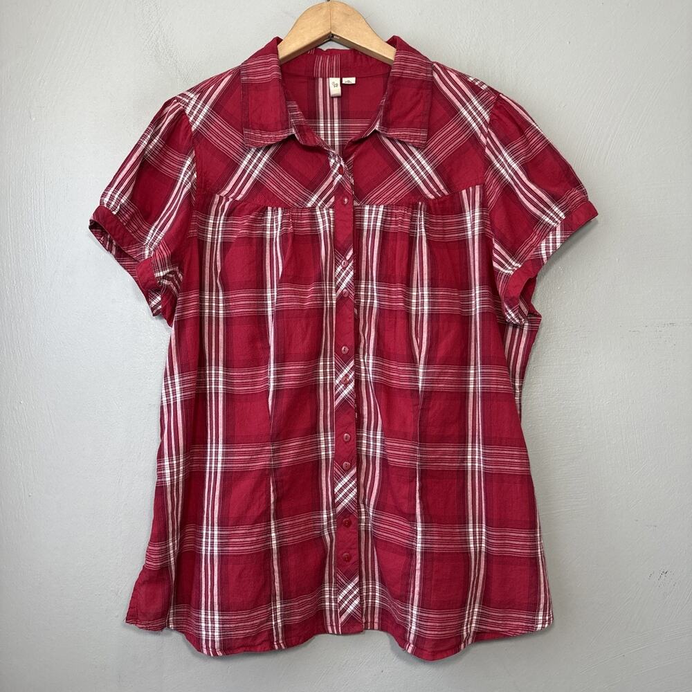 St Johns Bay Button Up Shirt Plus Size 1X Red Plaid Country Western Cowgirl Top